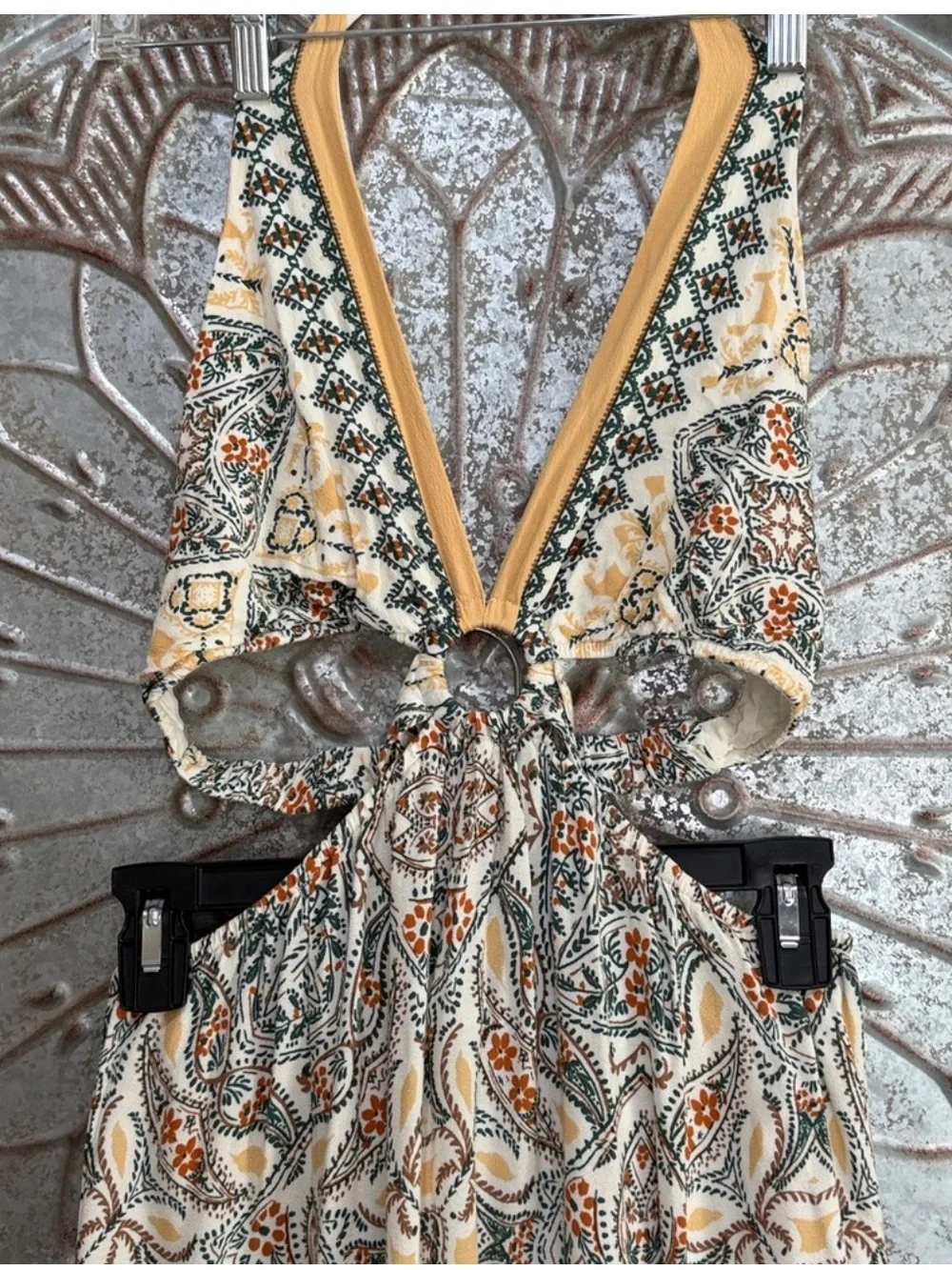 ILLA ILLA Yellow, Cream and Blue Paisley Boho Boutique Halter Tie Maxi Dress - Picture 4 of 8